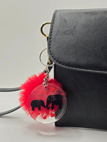 Cute Elephant Love Heart Keyring with Red Pom Pom
