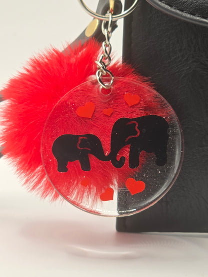 Cute Elephant Love Heart Keyring with Red Pom Pom