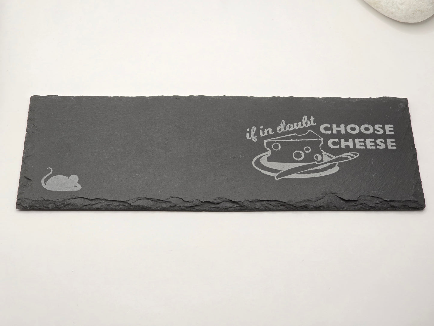 Slate cheese serving board with etched mouse and choose cheese graphic