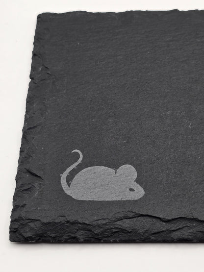 Slate cheese serving board with etched mouse and choose cheese graphic