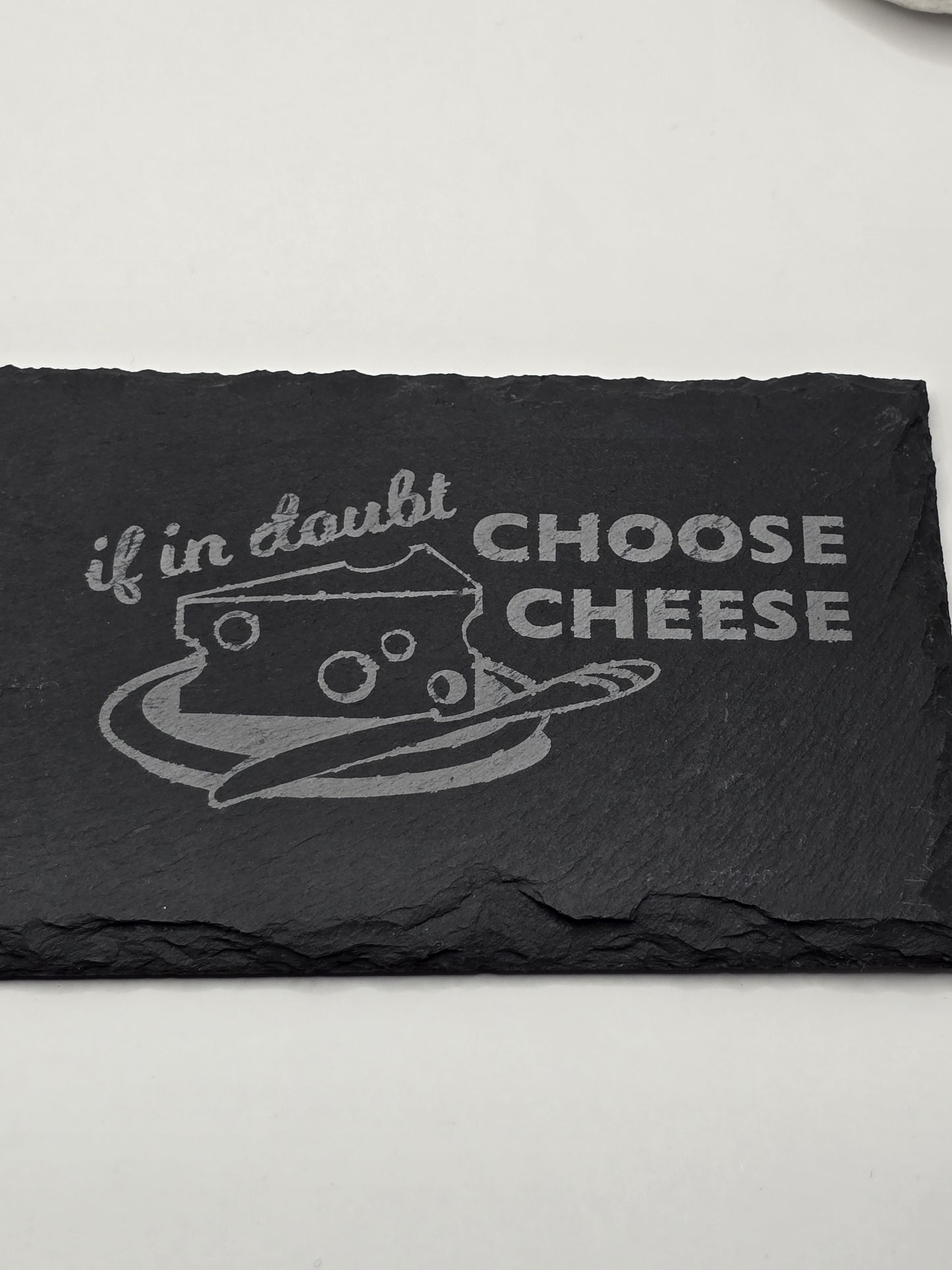 Slate cheese serving board with etched mouse and choose cheese graphic