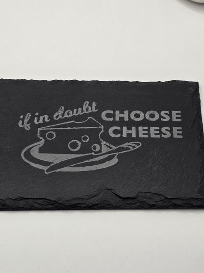Slate cheese serving board with etched mouse and choose cheese graphic