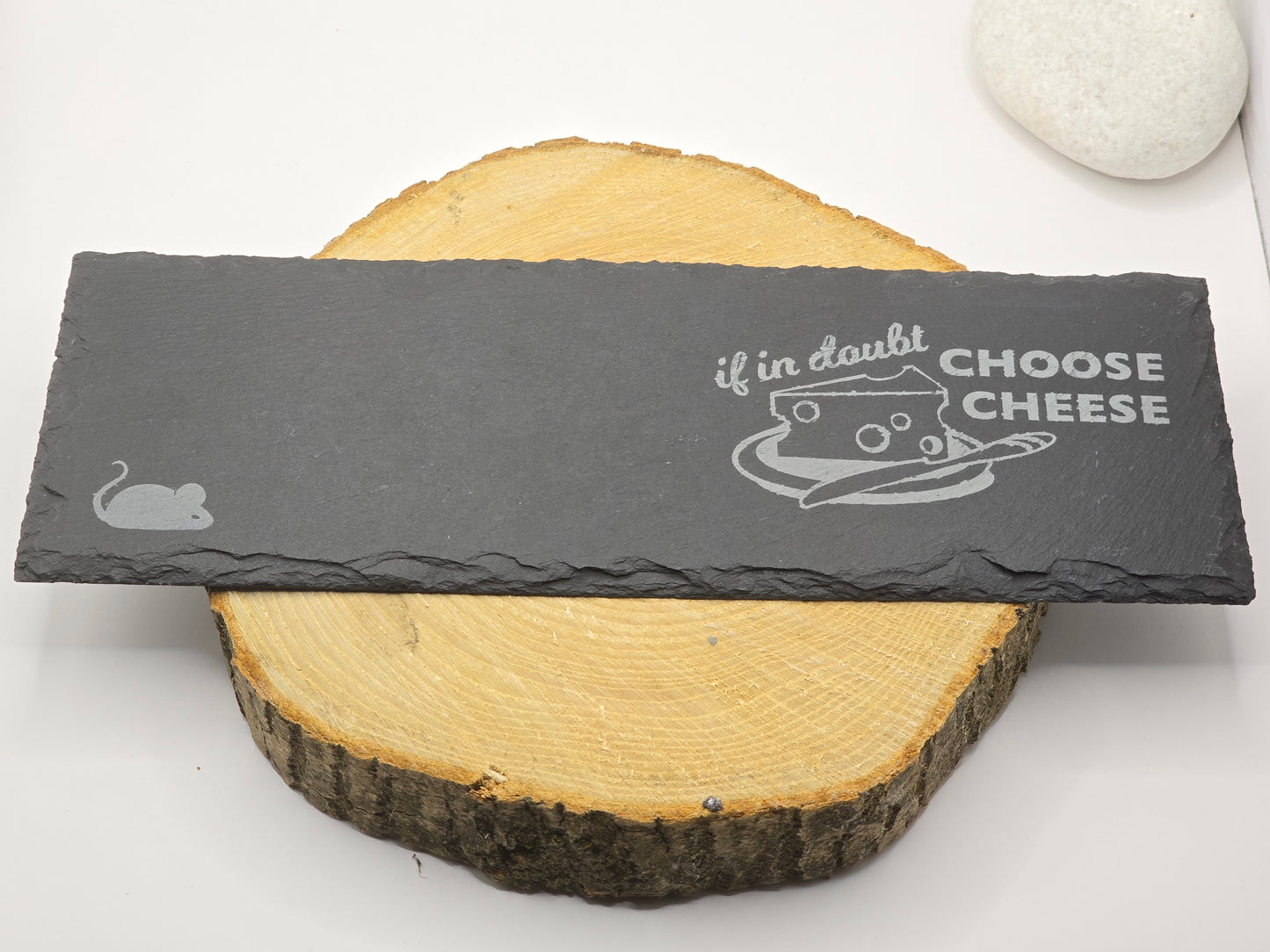 Slate cheese serving board with etched mouse and choose cheese graphic