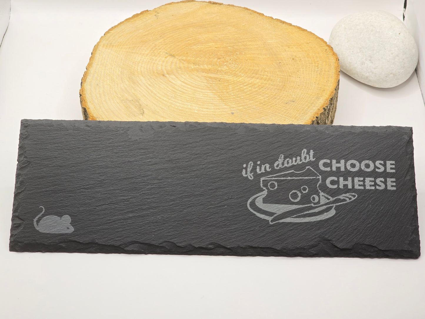 Slate cheese serving board with etched mouse and choose cheese graphic