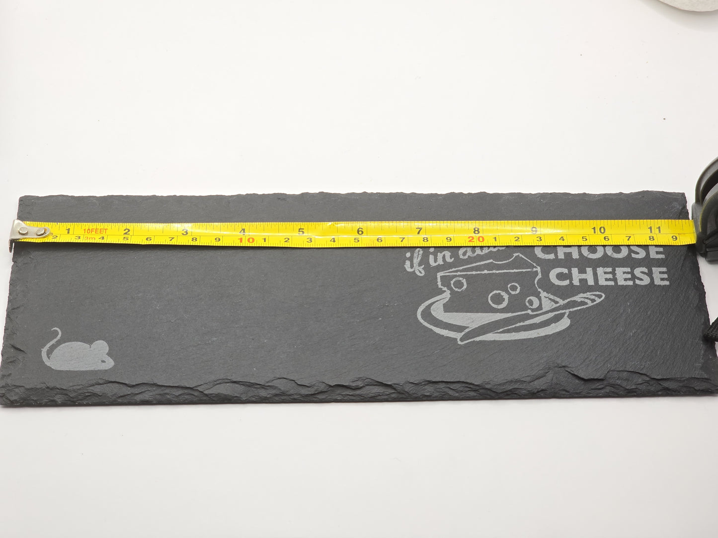 Slate cheese serving board with etched mouse and choose cheese graphic