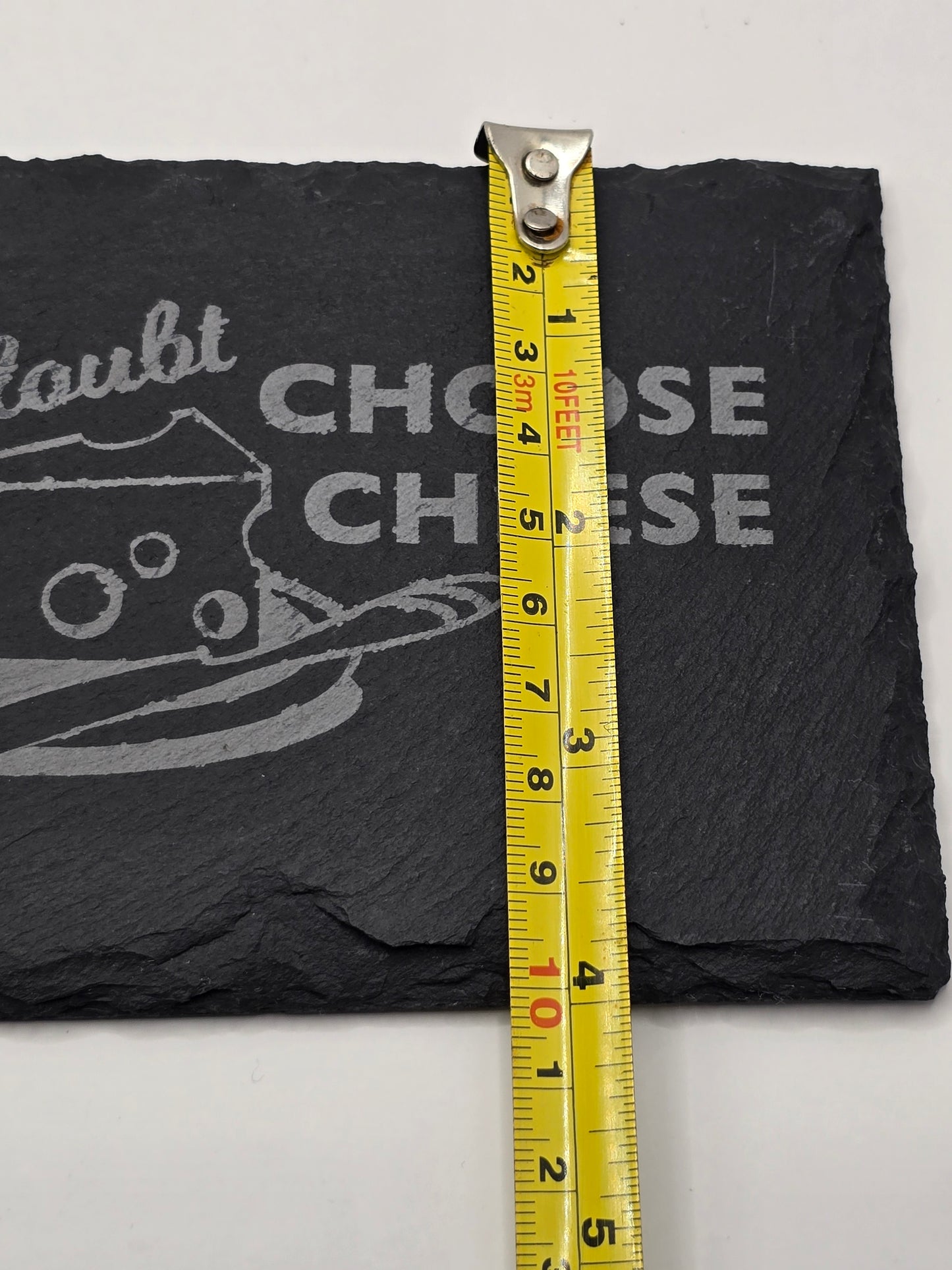 Slate cheese serving board with etched mouse and choose cheese graphic
