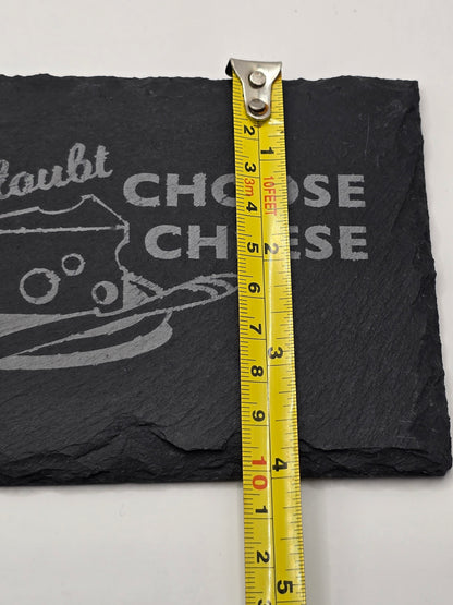 Slate cheese serving board with etched mouse and choose cheese graphic