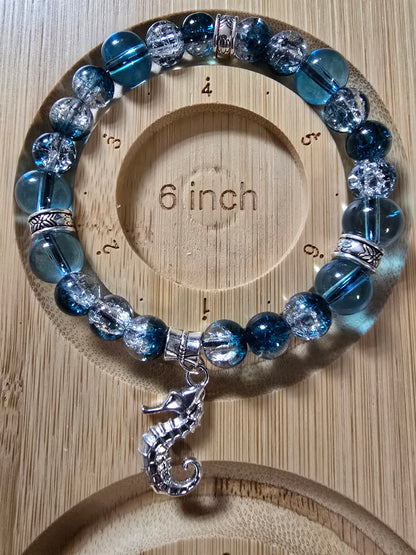 Seahorse Charm Bracelet - Crackled Blue Glass Beaded Elasticated Band