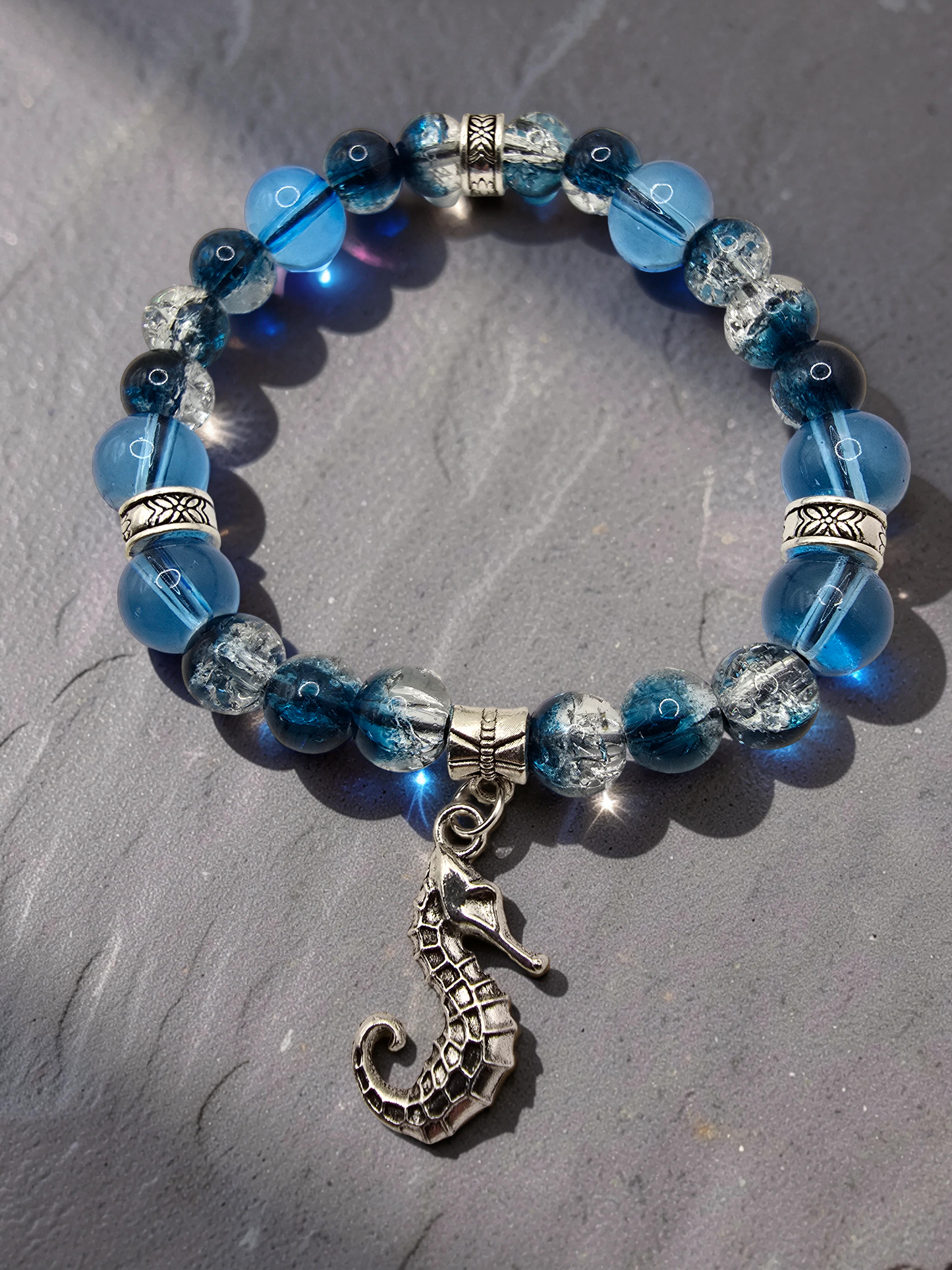 Seahorse Charm Bracelet - Crackled Blue Glass Beaded Elasticated Band