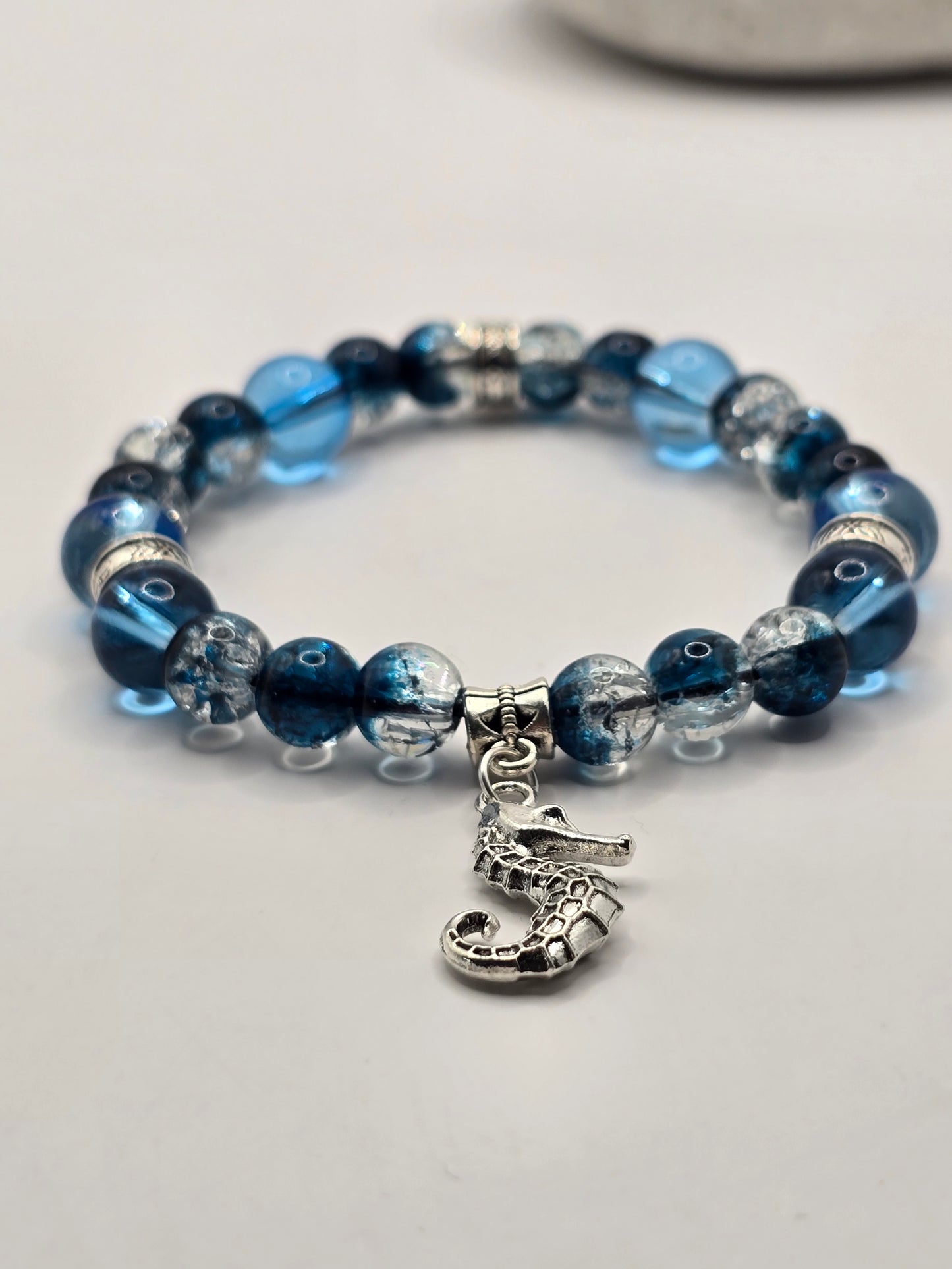 Seahorse Charm Bracelet - Crackled Blue Glass Beaded Elasticated Band