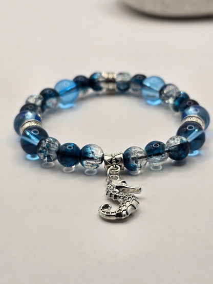 Seahorse Charm Bracelet - Crackled Blue Glass Beaded Elasticated Band