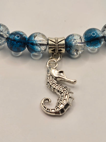 Seahorse Charm Bracelet - Crackled Blue Glass Beaded Elasticated Band