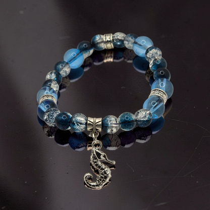 Seahorse Charm Bracelet - Crackled Blue Glass Beaded Elasticated Band