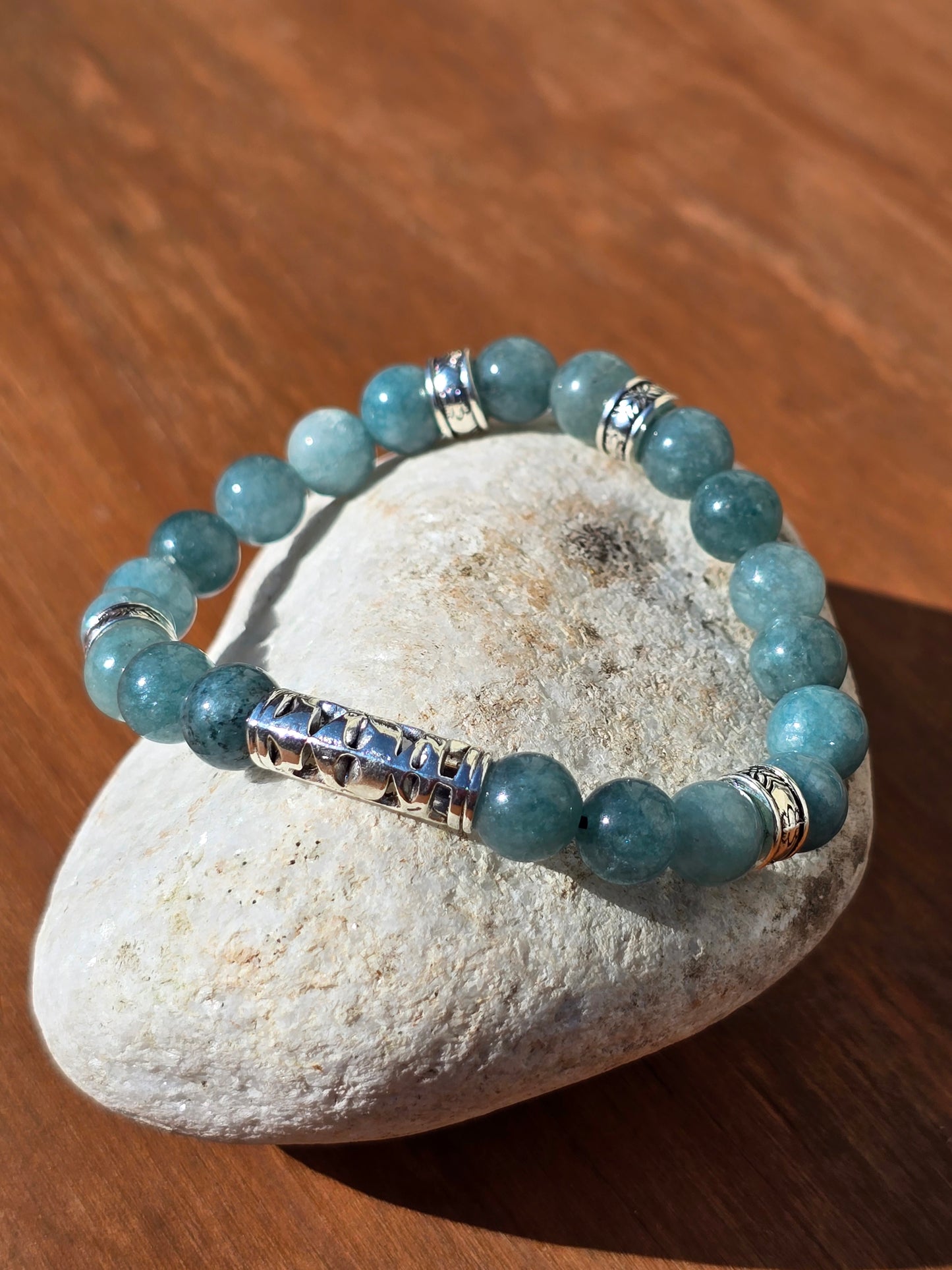 Women's Sky Blue / Green Bracelet - Handmade elastic 6.5 inch stretch bracelet