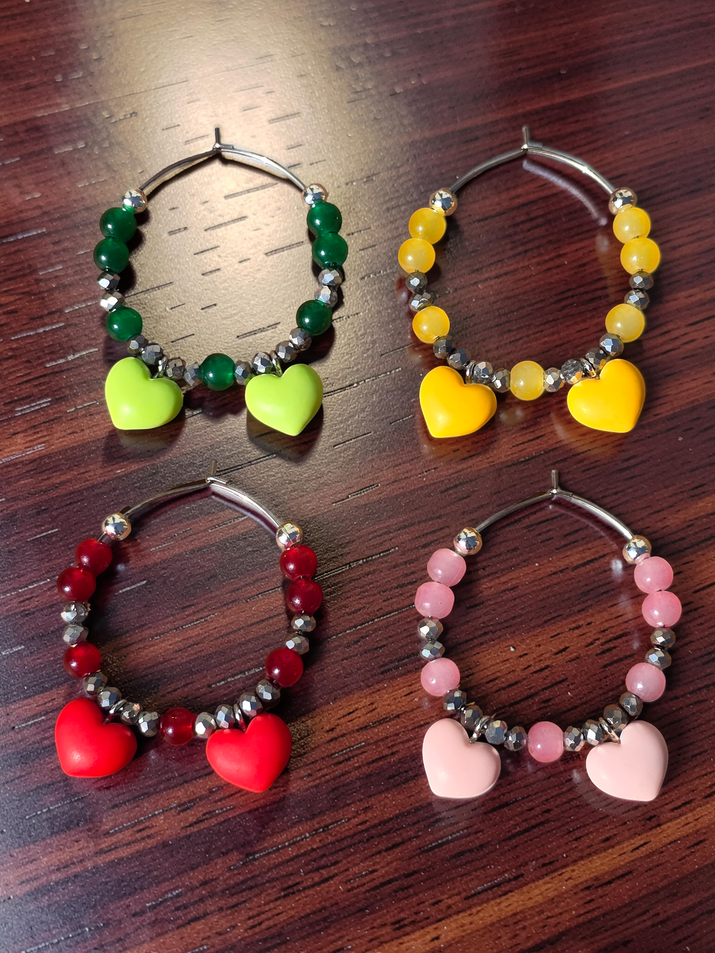 Handmade Heart Wine Glass Charms, Set of 4 Colourful Drink Markers for Parties