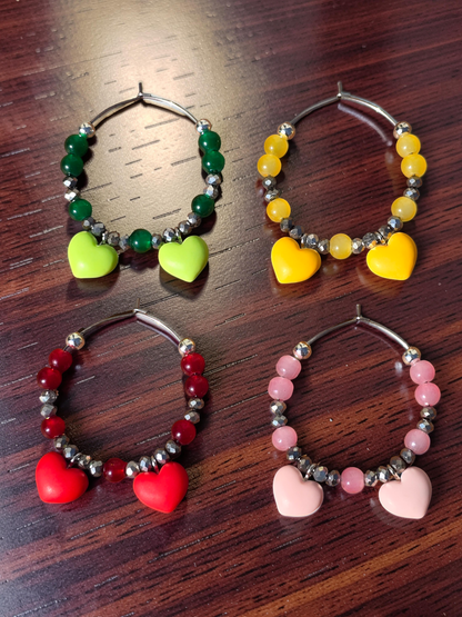 Handmade Heart Wine Glass Charms, Set of 4 Colourful Drink Markers for Parties