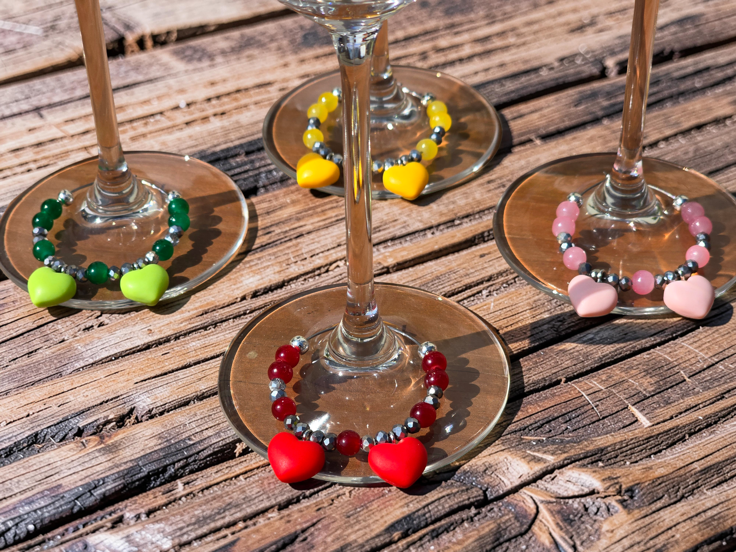 Handmade Heart Wine Glass Charms, Set of 4 Colourful Drink Markers for Parties