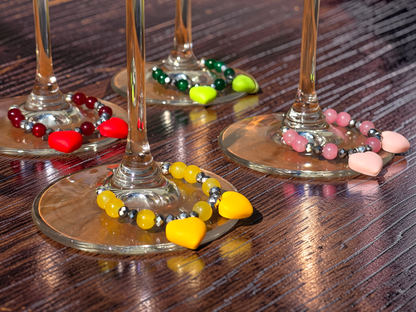 Handmade Heart Wine Glass Charms, Set of 4 Colourful Drink Markers for Parties