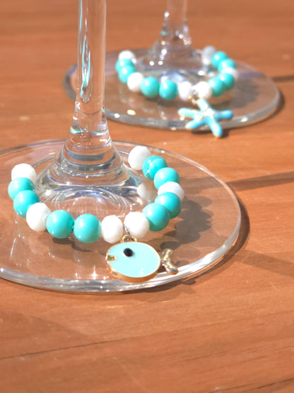 Ocean Theme Enamel Wine Glass Charms - 4 pack drinks decorations with various ocean charms