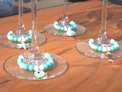 Ocean Theme Enamel Wine Glass Charms - 4 pack drinks decorations with various ocean charms