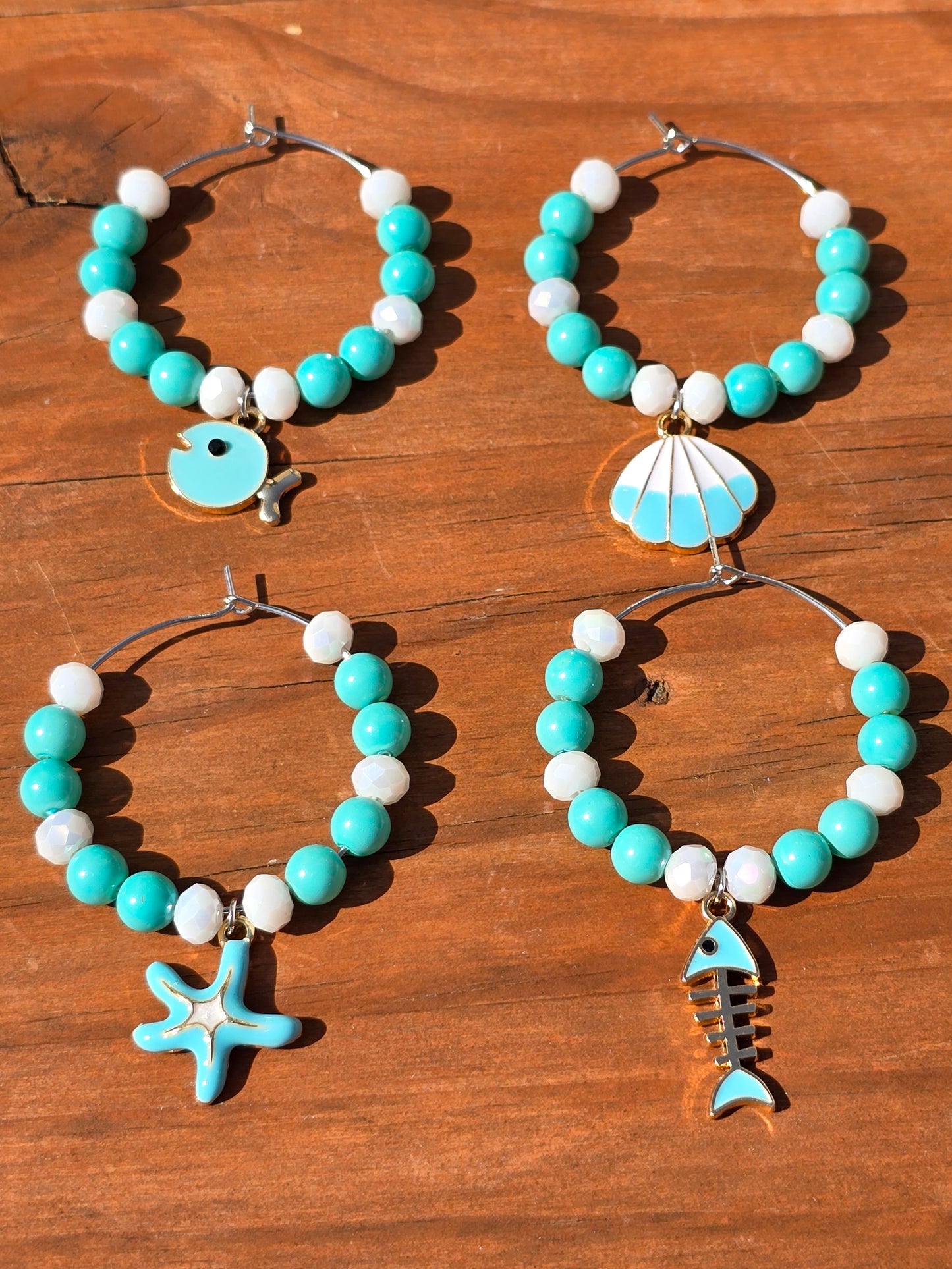 Ocean Theme Enamel Wine Glass Charms - 4 pack drinks decorations with various ocean charms