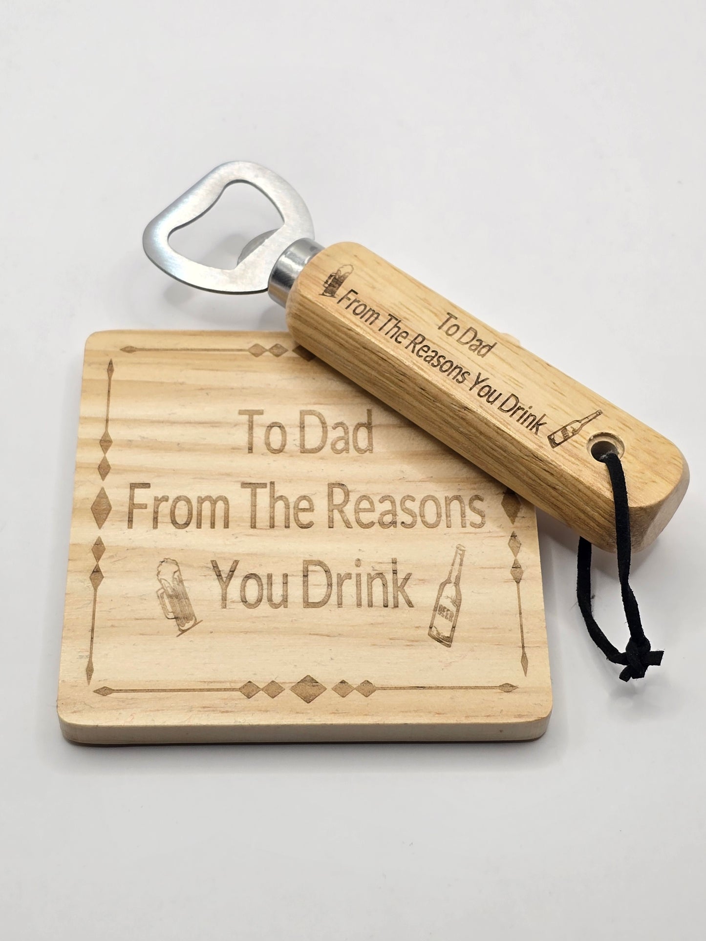 Personalised Bottle Opener and Wooden Coaster Set
