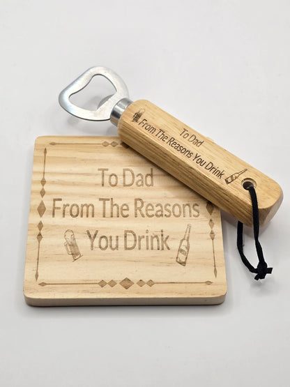 Personalised Bottle Opener and Wooden Coaster Set