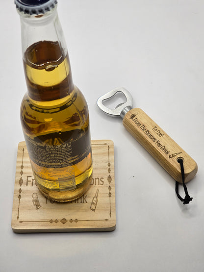 Personalised Bottle Opener and Wooden Coaster Set