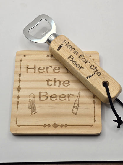 Personalised Bottle Opener and Wooden Coaster Set