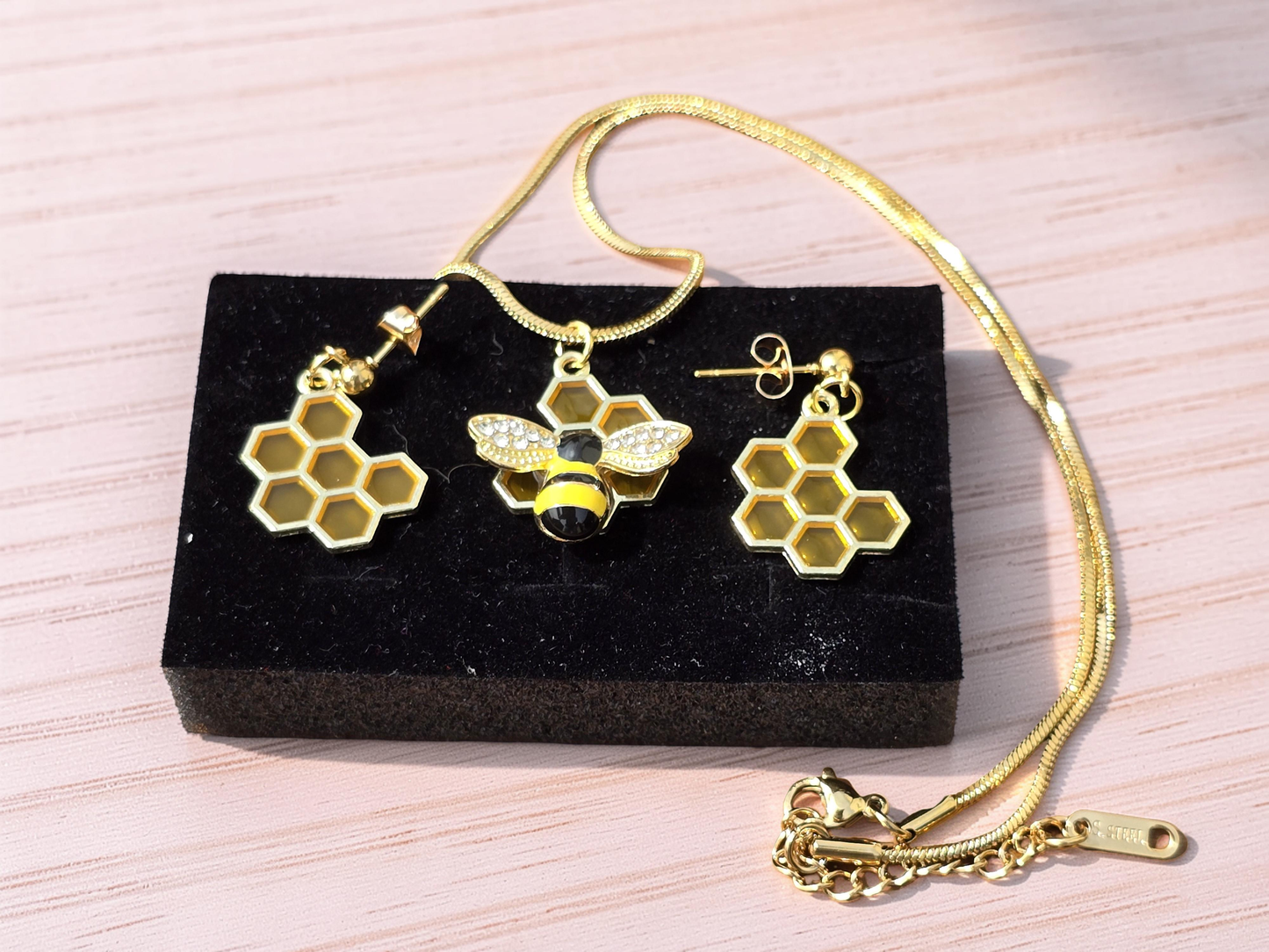 Bee Necklace and Earring Set - Handmade Bumble Bee Necklace with Honeycomb Earrings