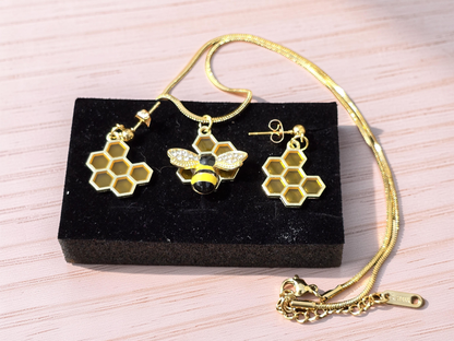 Bee Necklace and Earring Set - Handmade Bumble Bee Necklace with Honeycomb Earrings
