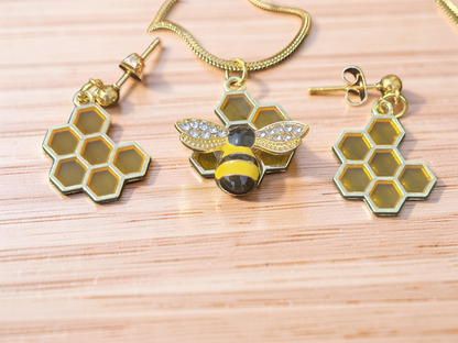 Bee Necklace and Earring Set - Handmade Bumble Bee Necklace with Honeycomb Earrings