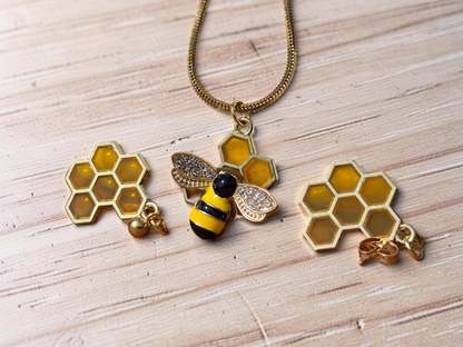 Bee Necklace and Earring Set - Handmade Bumble Bee Necklace with Honeycomb Earrings