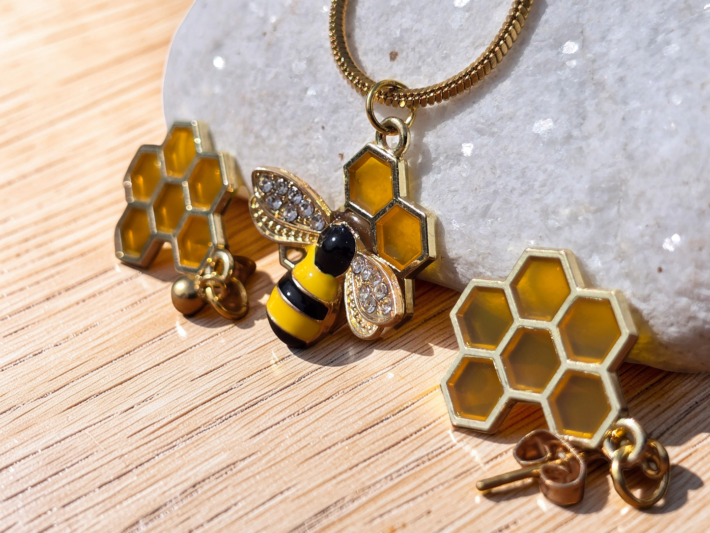 Bee Necklace and Earring Set - Handmade Bumble Bee Necklace with Honeycomb Earrings