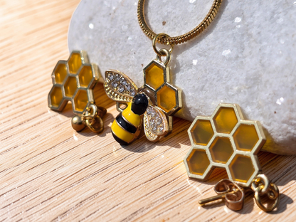 Bee Necklace and Earring Set - Handmade Bumble Bee Necklace with Honeycomb Earrings