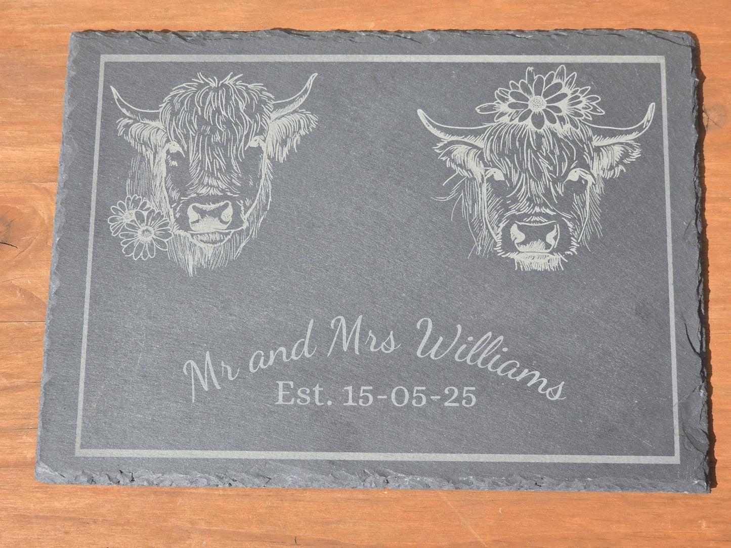 Personalised Highland Cow Mr and Mrs serving slate - Cheese board / Charcuterie board