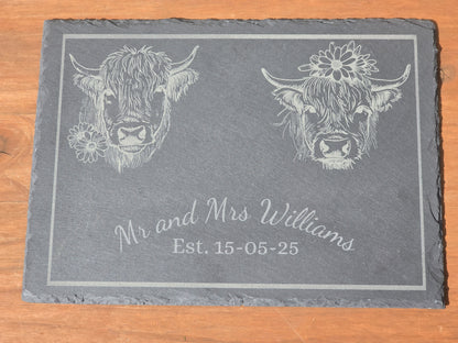 Personalised Highland Cow Mr and Mrs serving slate - Cheese board / Charcuterie board