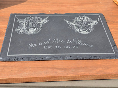 Personalised Highland Cow Mr and Mrs serving slate - Cheese board / Charcuterie board
