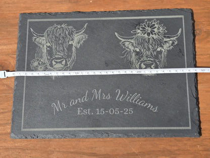 Personalised Highland Cow Mr and Mrs serving slate - Cheese board / Charcuterie board