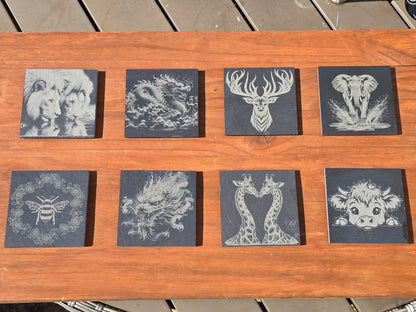 Various Animal design slate coasters - Stag, Dragon, Bee, Cow, Lion, Giraffe, Elephant