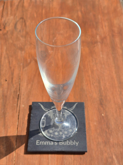 Personalised Highland Cow Slate Coaster - "Your Name's Bubbly" Text
