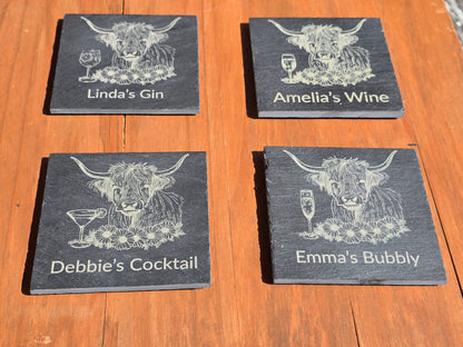 Personalised Highland Cow Slate Coaster - "Your Name's Bubbly" Text