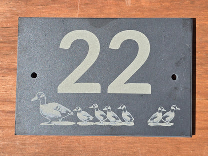 House number slate sign with duck and ducklings - Plaque with fittings