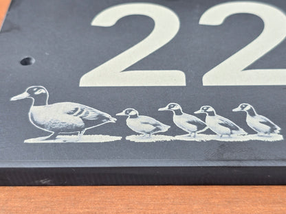 House number slate sign with duck and ducklings - Plaque with fittings