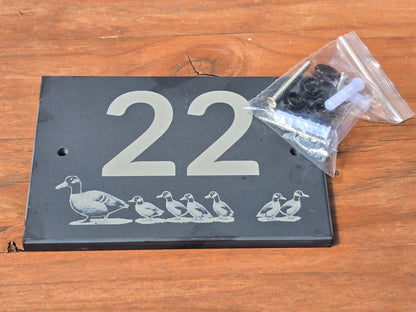 House number slate sign with duck and ducklings - Plaque with fittings