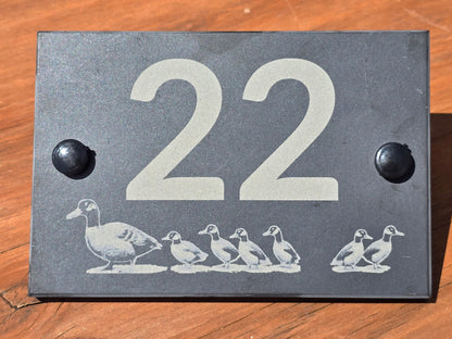 House number slate sign with duck and ducklings - Plaque with fittings