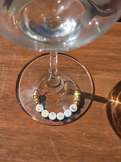 Personalised Wine Glass Charms - Gold and white design with [your name]