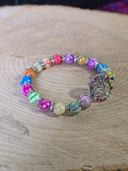 Kids beaded bracelet, multicoloured elastic bracelet with various colourful charms