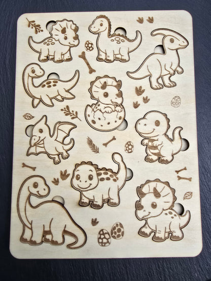 Wooden puzzle with dinosaur cutouts on a dark background