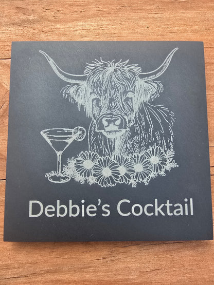 Personalised Highland Cow Slate Coaster - "Your Name's Cocktail" Text
